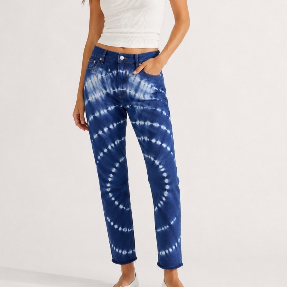J.Crew 10" Vintage Straight Tie Dye Jeans Blue White Raw Hem Size 32